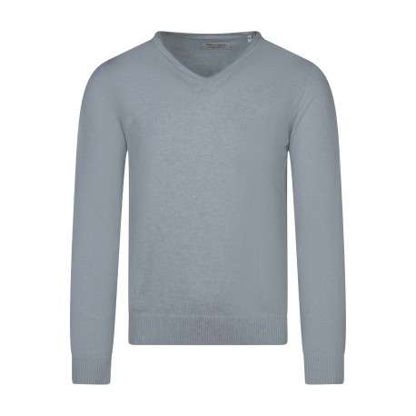 Pull en coton bleu clair à coupe droite pourvu d'un col v côtelé