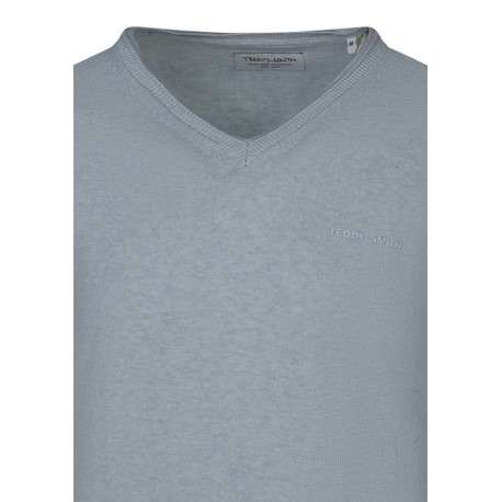 Pull en coton bleu clair à coupe droite pourvu d'un col v côtelé - Image 3