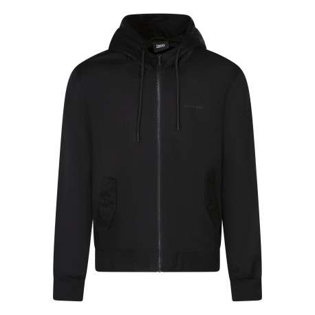 Blouson noir à coupe ajustée pourvu d'un col à capuche avec cordon de serrage