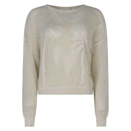 Pull beige à coupe ajustée pourvu d'un col rond épais et de manches longues