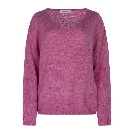 Pull rose à coupe ample pourvu d'un col arrondi et de manches longues