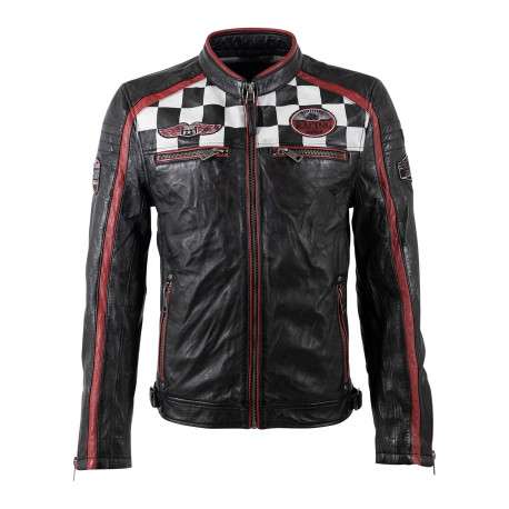 Blouson en cuir de mouton noir uni avec une coupe droite et un col rond