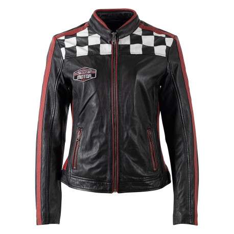 Blouson en cuir de mouton noir uni avec une coupe ajustée et un col rond