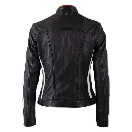 Blouson en cuir de mouton noir uni avec une coupe ajustée et un col rond - Image 2