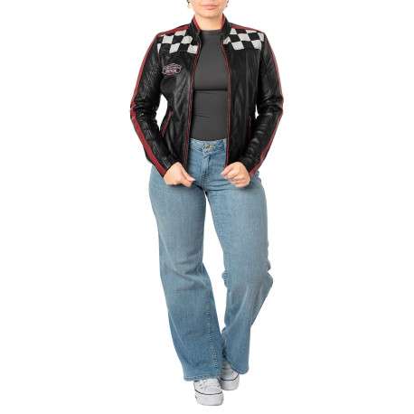 Blouson en cuir de mouton noir uni avec une coupe ajustée et un col rond - Image 3