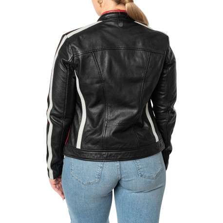 Blouson en cuir de mouton noir uni avec une coupe ajustée et un col rond - Image 4