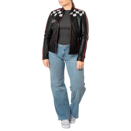 Blouson en cuir de mouton noir uni avec une coupe ajustée et un col rond - Image 5