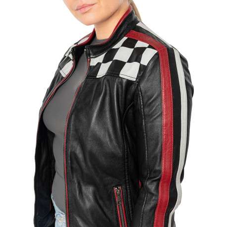 Blouson en cuir de mouton noir uni avec une coupe ajustée et un col rond - Image 7