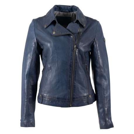 Veste perfecto en cuir de mouton bleue unie pourvue d'une coupe ajustée