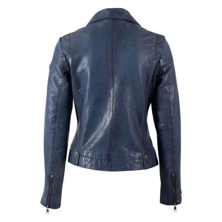 Veste perfecto en cuir de mouton bleue unie pourvue d'une coupe ajustée - Image 2