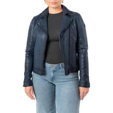 Veste perfecto en cuir de mouton bleue unie pourvue d'une coupe ajustée - Image 3