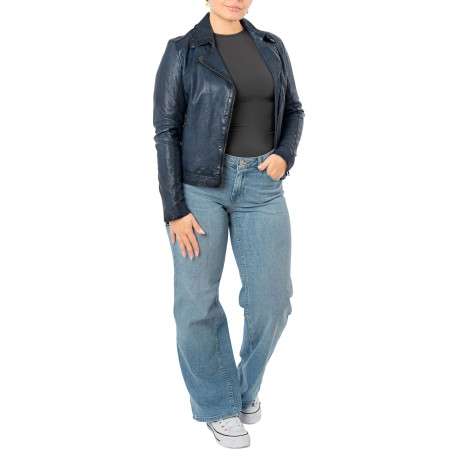 Veste perfecto en cuir de mouton bleue unie pourvue d'une coupe ajustée - Image 5