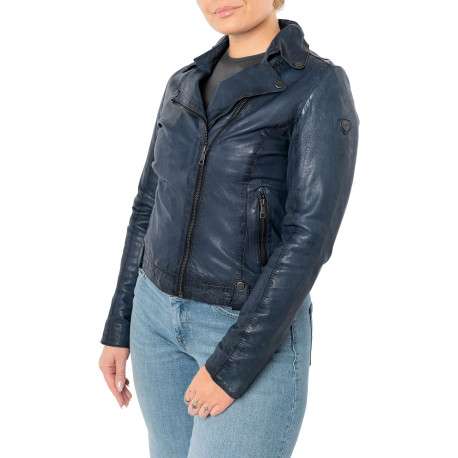 Veste perfecto en cuir de mouton bleue unie pourvue d'une coupe ajustée - Image 6