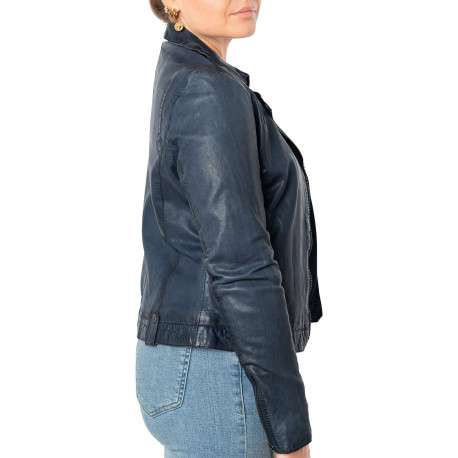 Veste perfecto en cuir de mouton bleue unie pourvue d'une coupe ajustée - Image 7
