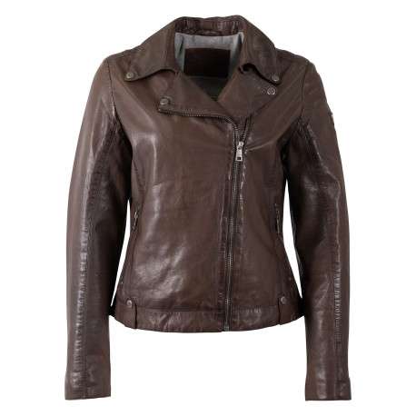 Veste perfecto en cuir de mouton marron unie pourvue d'une coupe ajustée