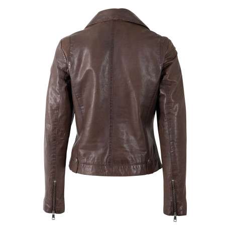 Veste perfecto en cuir de mouton marron unie pourvue d'une coupe ajustée - Image 2