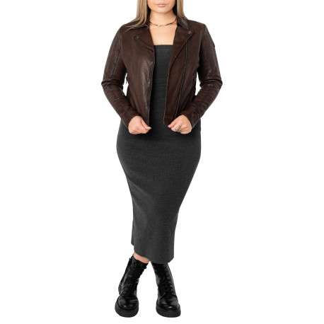 Veste perfecto en cuir de mouton marron unie pourvue d'une coupe ajustée - Image 3