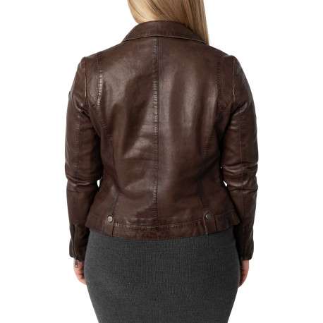 Veste perfecto en cuir de mouton marron unie pourvue d'une coupe ajustée - Image 4