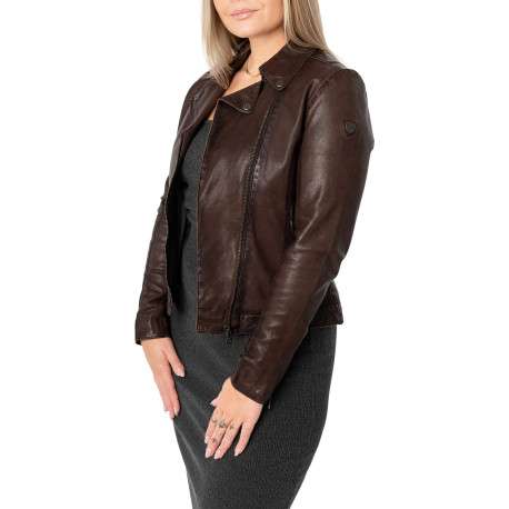 Veste perfecto en cuir de mouton marron unie pourvue d'une coupe ajustée - Image 6
