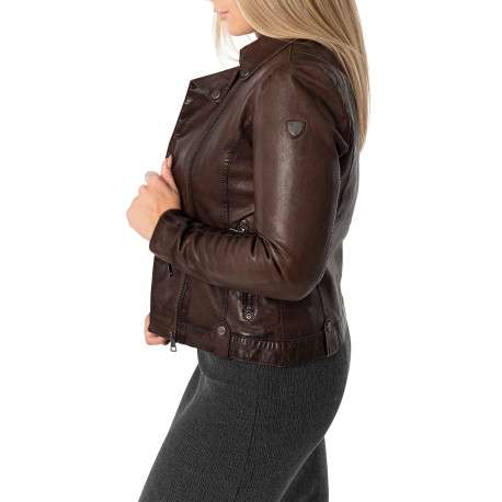 Veste perfecto en cuir de mouton marron unie pourvue d'une coupe ajustée - Image 7