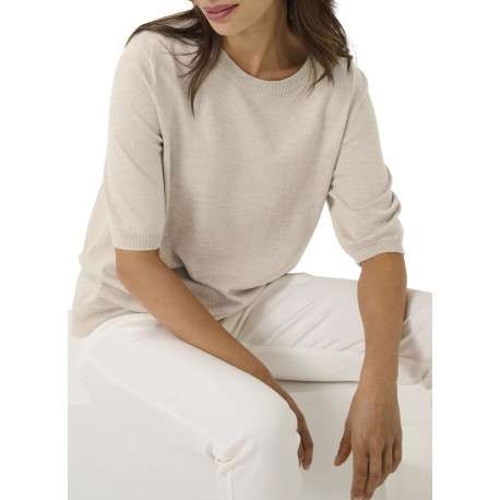 Pull beige uni pourvu d'une coupe ajustée et de manches courtes - Image 6