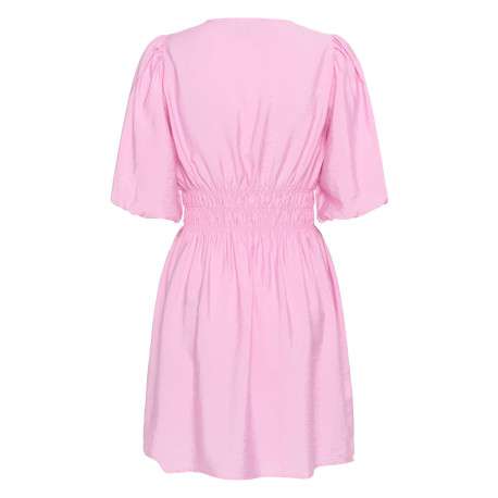 Robe courte rose unie pourvue d'une coupe cintrée avec une taille élastiquée - Image 2