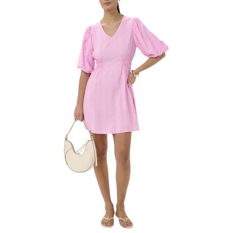 Robe courte rose unie pourvue d'une coupe cintrée avec une taille élastiquée - Image 3