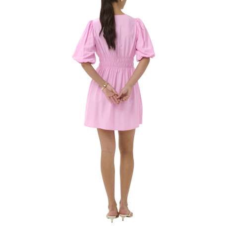 Robe courte rose unie pourvue d'une coupe cintrée avec une taille élastiquée - Image 4