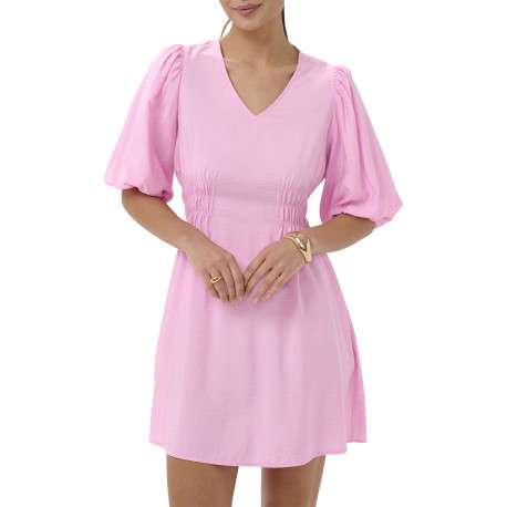Robe courte rose unie pourvue d'une coupe cintrée avec une taille élastiquée - Image 5