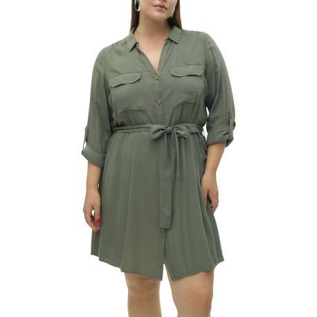 Robe courte kaki unie avec une coupe fluide et un col à revers - Image 2