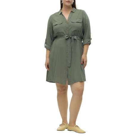 Robe courte kaki unie avec une coupe fluide et un col à revers - Image 4