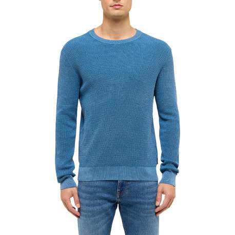 Pull en coton bleu uni avec une coupe droite et un col rond - Image 2