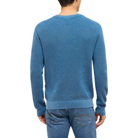 Pull en coton bleu uni avec une coupe droite et un col rond - Image 3