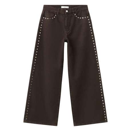 Jean en coton chocolat uni avec une coupe flare à zip et à bouton