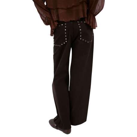 Jean en coton chocolat uni avec une coupe flare à zip et à bouton - Image 2