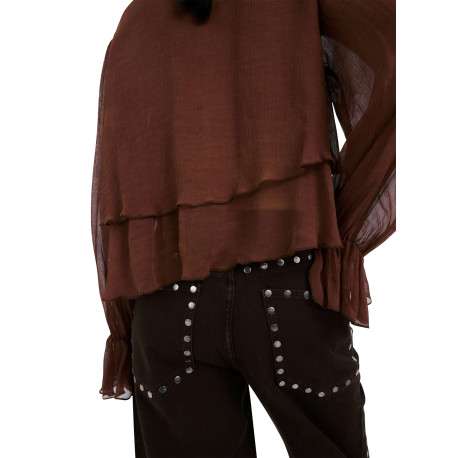 Jean en coton chocolat uni avec une coupe flare à zip et à bouton - Image 6