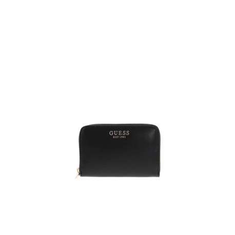 Portefeuille noir uni avec un logo métallique doré et une fermeture zippée