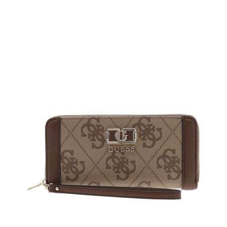 Portefeuille marron à motif monogramme pourvu d'une anse avec mousqueton doré