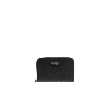 Portefeuille noir uni avec une fermeture zippée dorée et un logo dorée