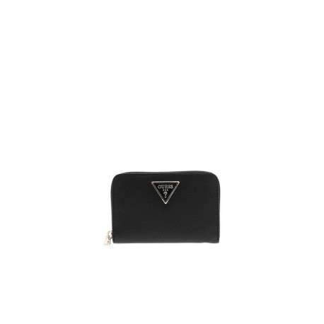 Portefeuille noir uni avec un logo embossé à l'avant et une fermeture zippée