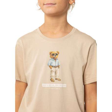 T-shirt en coton beige uni pourvu d'une coupe droite et d'un col rond - Image 3