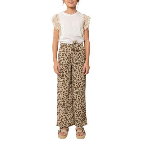 Pantalon chino beige animalier pourvu d'une coupe fluide et d'un lien à nouer - Image 3