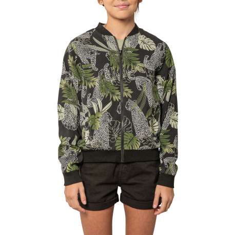Bomber noir tropical pourvu d'une coupe droite et de motifs imprimés