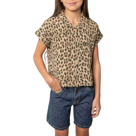 Chemisier beige animalier pourvu d'une coupe droite et d'un col à revers