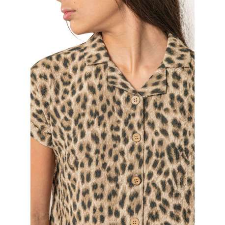Chemisier beige animalier pourvu d'une coupe droite et d'un col à revers - Image 4