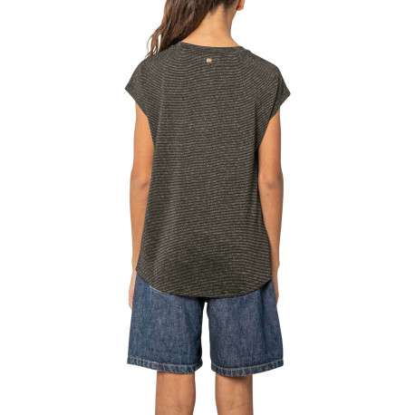 T-shirt noir à rayures pourvu d'une coupe droite et d'un col rond - Image 2