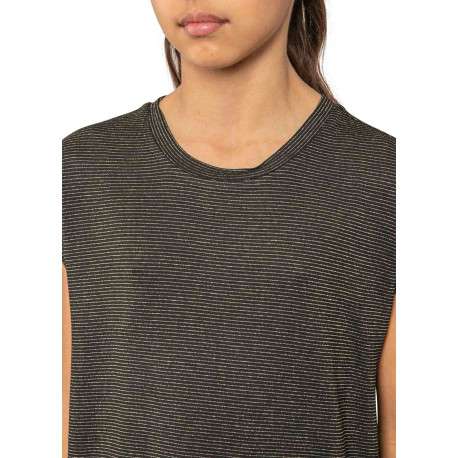 T-shirt noir à rayures pourvu d'une coupe droite et d'un col rond - Image 4