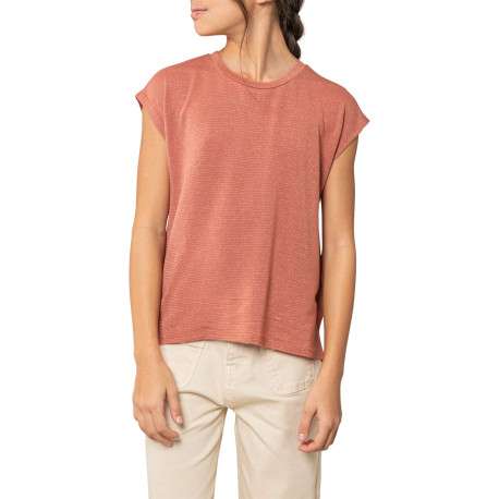 T-shirt rouille à rayures pourvu d'une coupe droite et d'un col rond