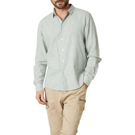 Chemise en coton et lin mélangé tilleul à rayures coupe droite col français