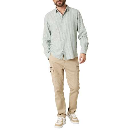 Chemise en coton et lin mélangé tilleul à rayures coupe droite col français - Image 3